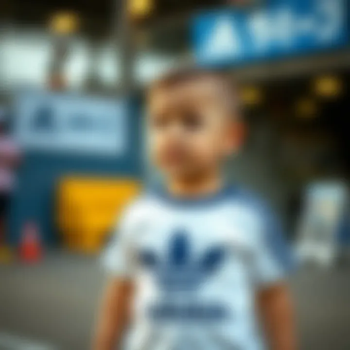 Stylish baby wearing Adidas t-shirt in a playful setting