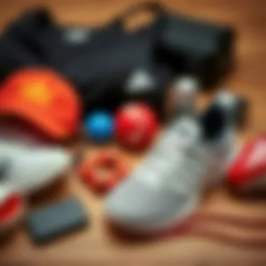 Curated Fitness Essentials with Adidas Footwear Flat lay of Adidas sports shoes with accessories for fitness enthusiasts