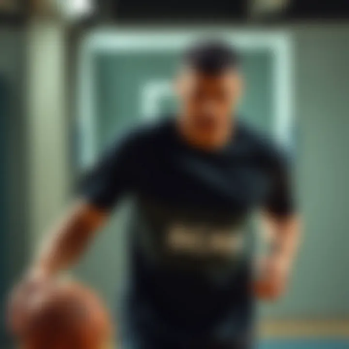 Athlete showcasing basketball t-shirt during gameplay