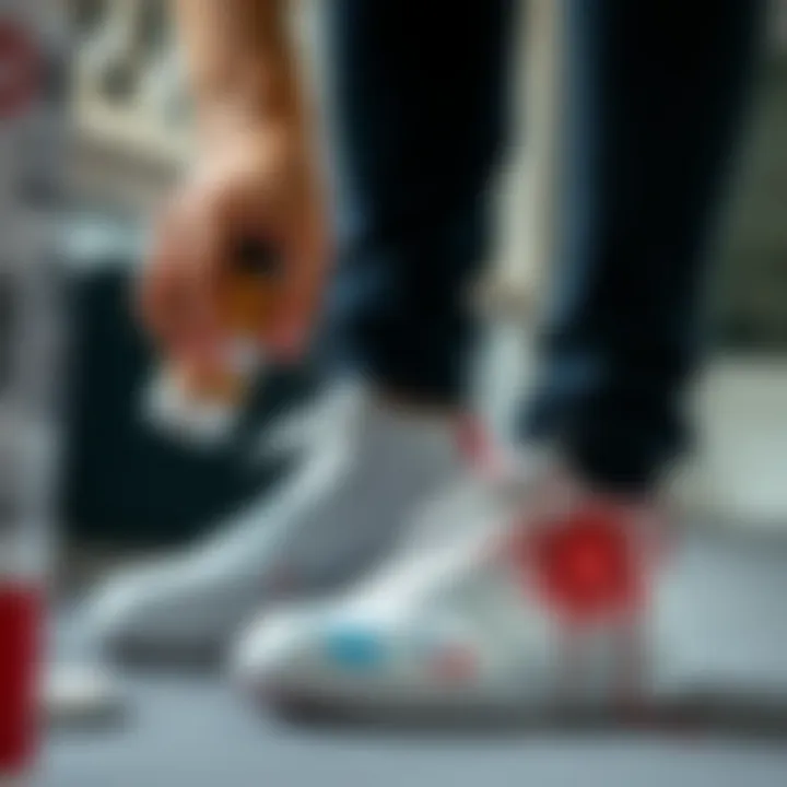 Applying paint to white sneakers