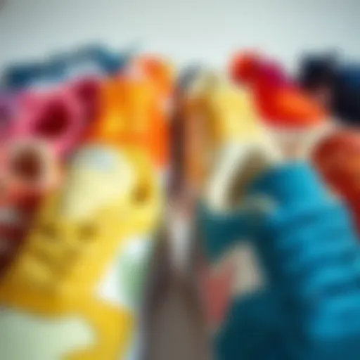 Colorful kids sports shoes arranged aesthetically