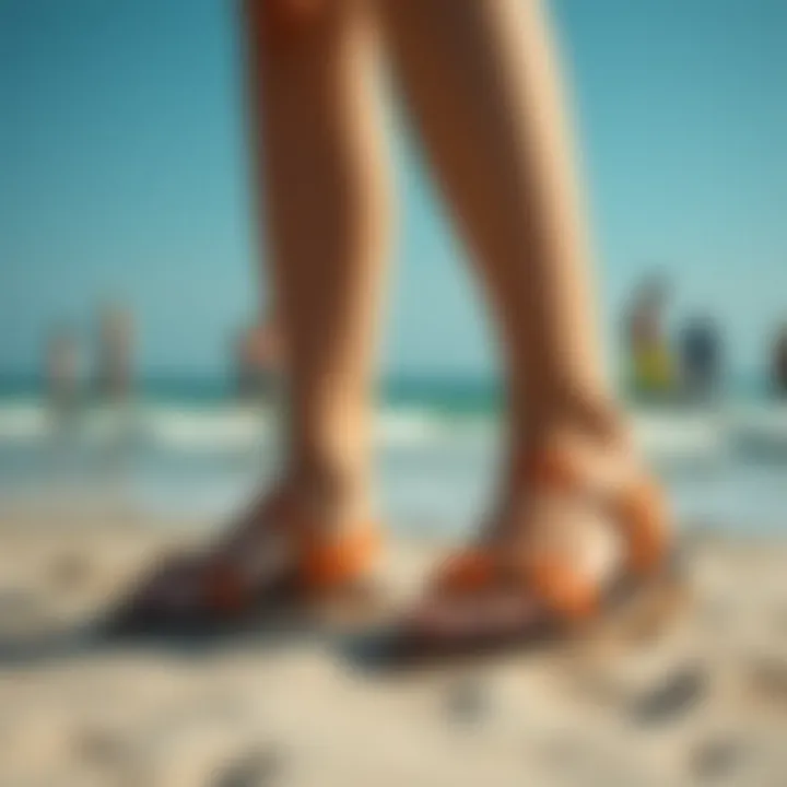 A vibrant beach scene with someone wearing fashionable sandals
