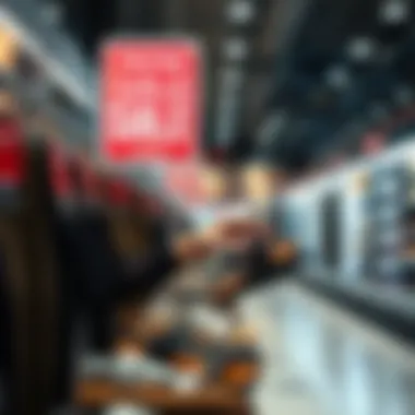 A person selecting sandals in a store with a promotional sale sign