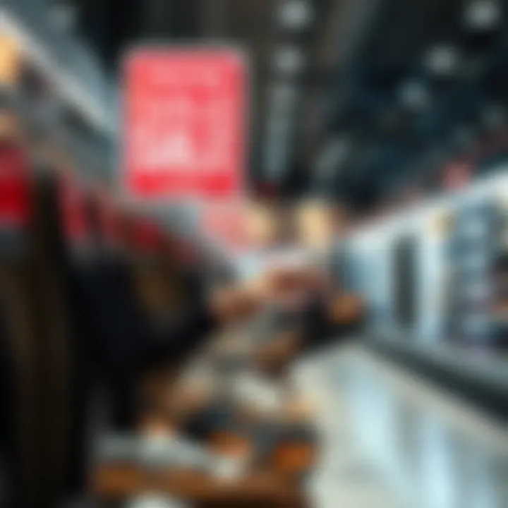 A person selecting sandals in a store with a promotional sale sign