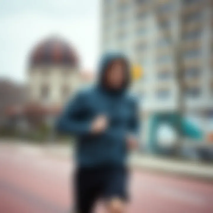 Athlete in Action An athlete wearing a running rain jacket in an urban setting, demonstrating its practical use during a run.