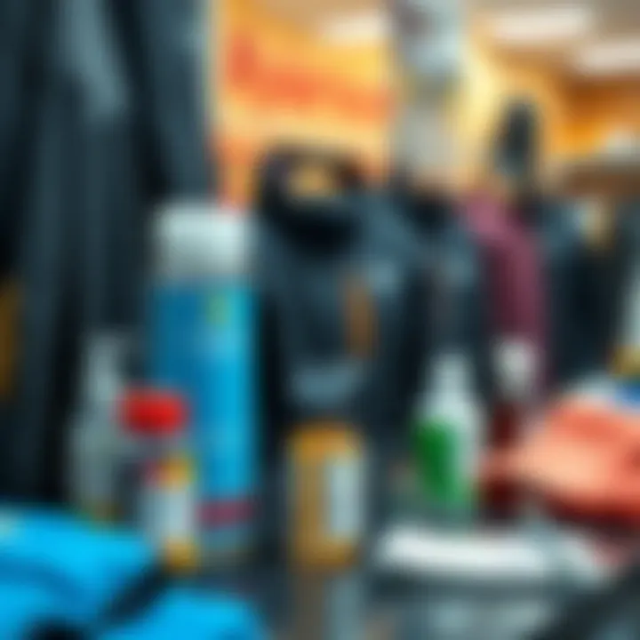 Care and Maintenance Tips An organized display of care products and tips for maintaining running rain jackets.