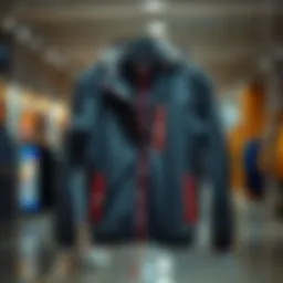 A sleek running rain jacket displayed on a hanger, showcasing its design and material.
