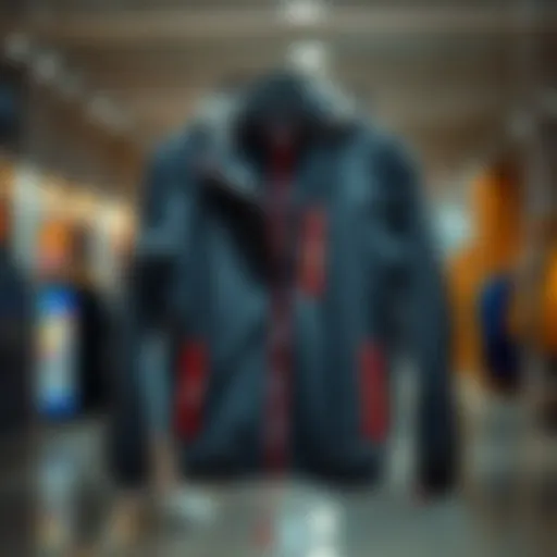 A sleek running rain jacket displayed on a hanger, showcasing its design and material.
