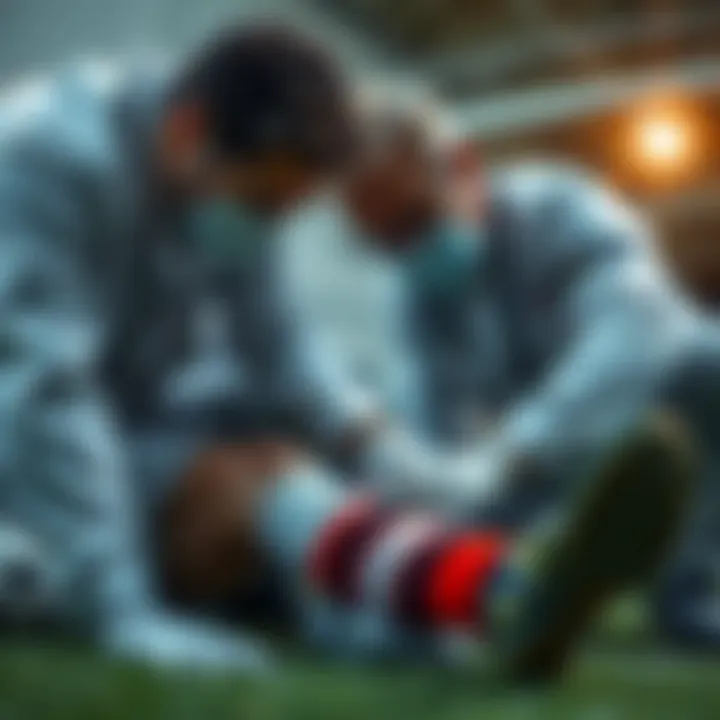 Medical Examination of Injury Close-up of a medical professional examining a player's injured leg
