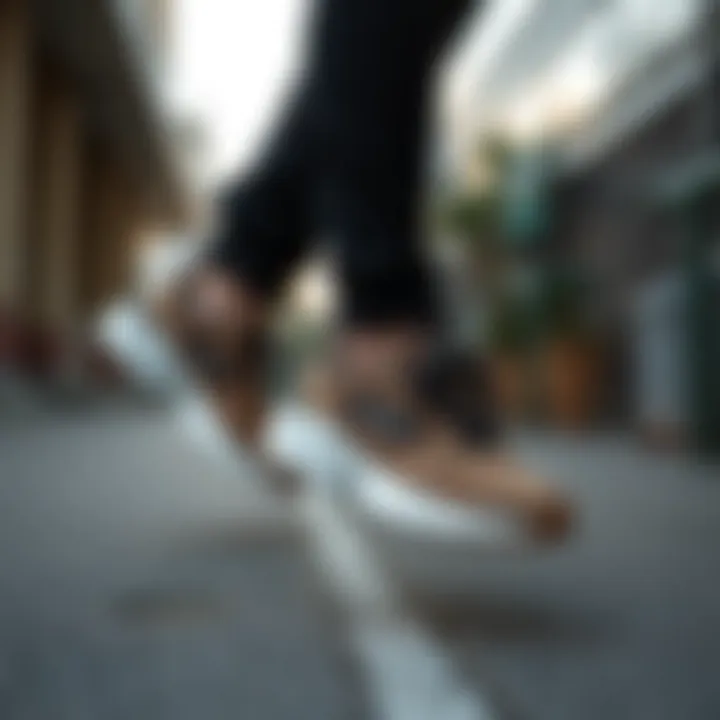 A model showcasing leopard print Skechers in an urban setting