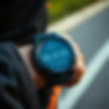Close-up of a runner's watch tracking marathon progress