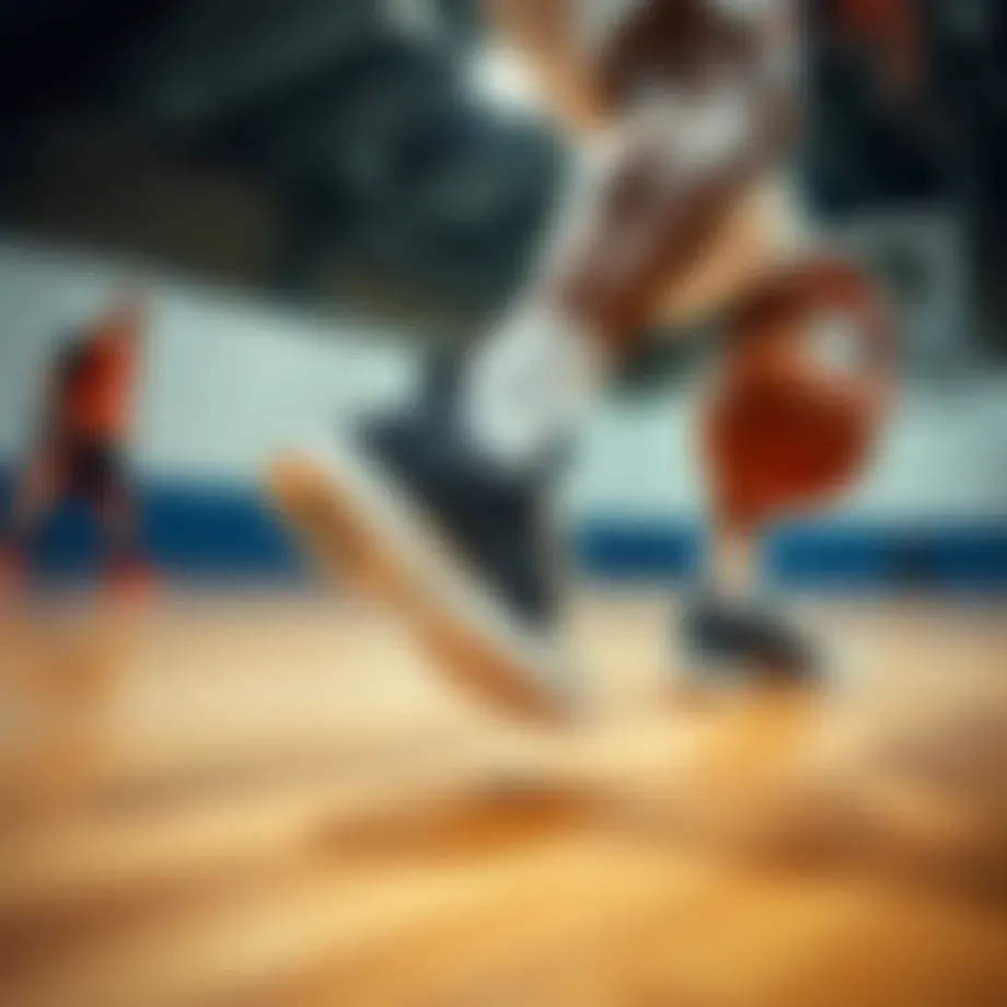 Dynamic action shot of a basketball player showcasing Nike shoes on the court