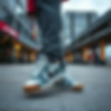 A fashionable individual wearing Nike retro shoes in an urban setting, blending sport and street style