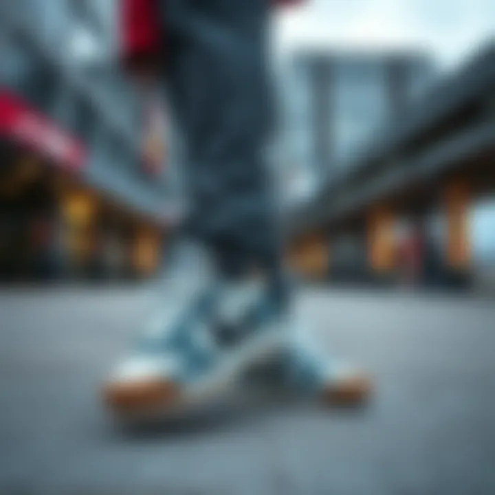 A fashionable individual wearing Nike retro shoes in an urban setting, blending sport and street style