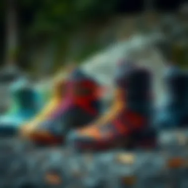 A collection of various Salomon boot models with different colors and styles