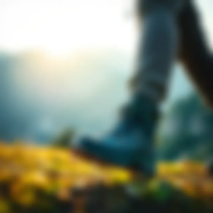 A person wearing Salomon boots while hiking in a scenic outdoor environment
