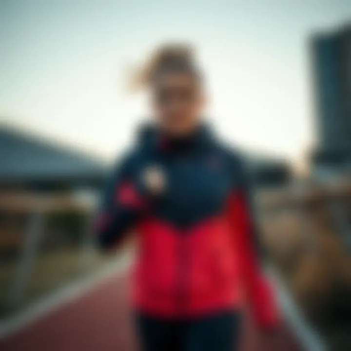 Athletic woman wearing Skechers jacket during outdoor activity