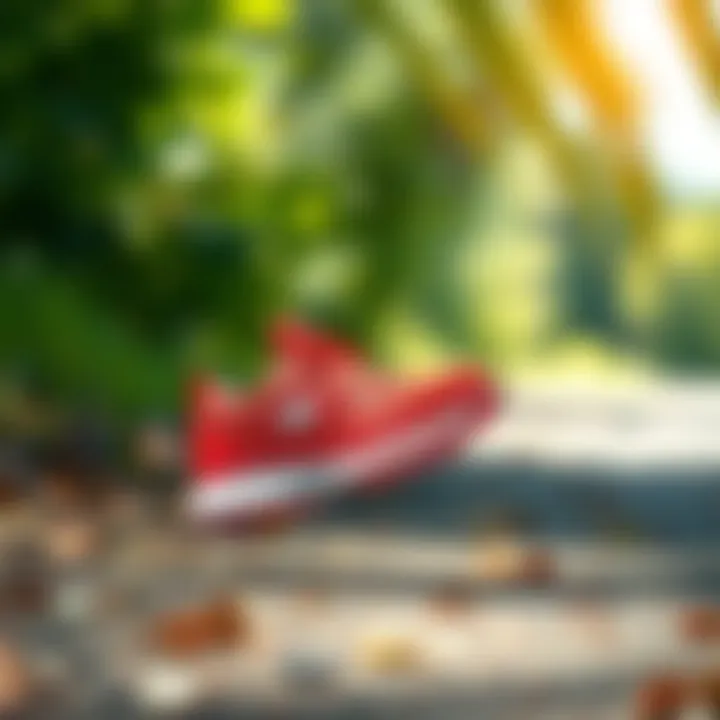 Skechers Red Footwear in Nature Stylish red Skechers footwear showcased outdoors