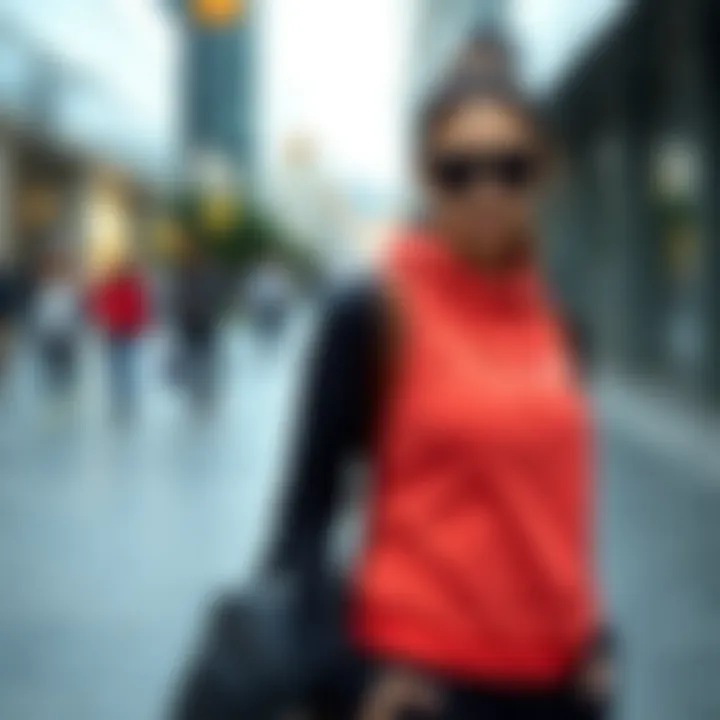 Combination of sporty attire and small shoulder bag